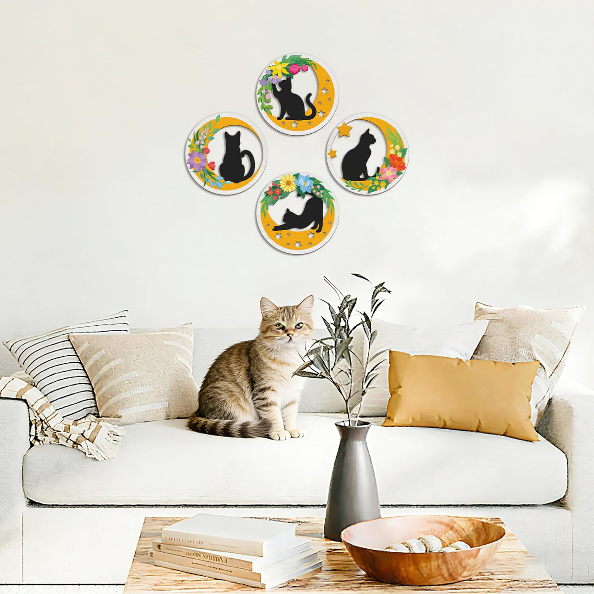 Boho Cat Moon Wall Decor Floral Black Cats Wooden Wall Art (4pcs Boho Cat Moon Wall Decor)
