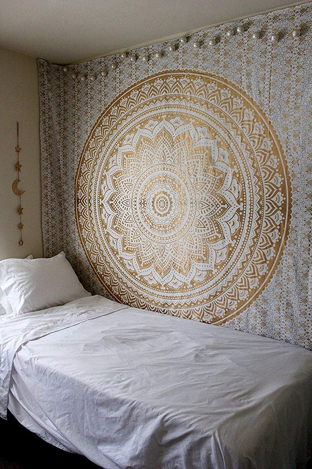 Golden Mandala Tapestry for Bedroom and Living Room Wall Hanging Cotton Tapestries Golden and White Ombre 90x84 Inches (Golden / 90"L x 84"W)