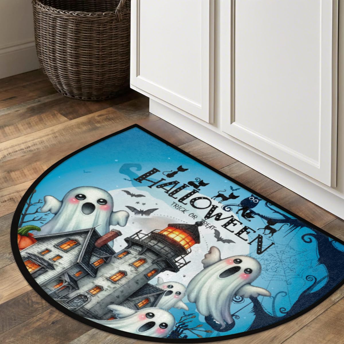 Ghosts Castle Half Round Door Mat Indoor Entrance Semi Circle Area Rugs (Z Halloween Horrible Pumpkin)