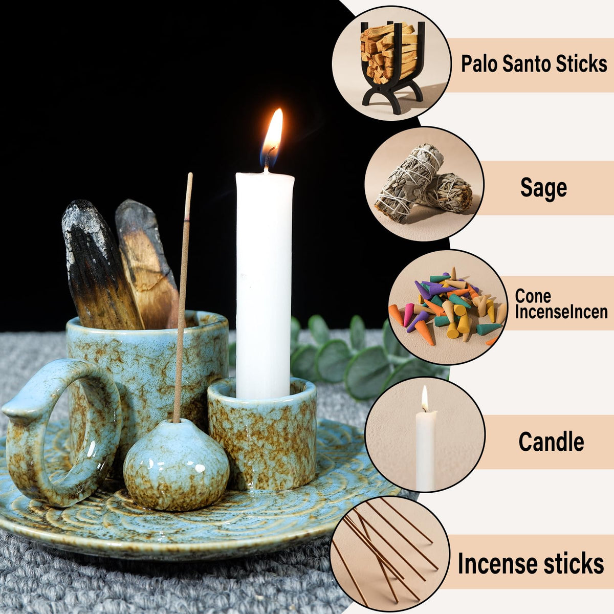 5-in-1 Ceramic Palo Santo Burner Holder Blue -Small Candle Holder (Blue)