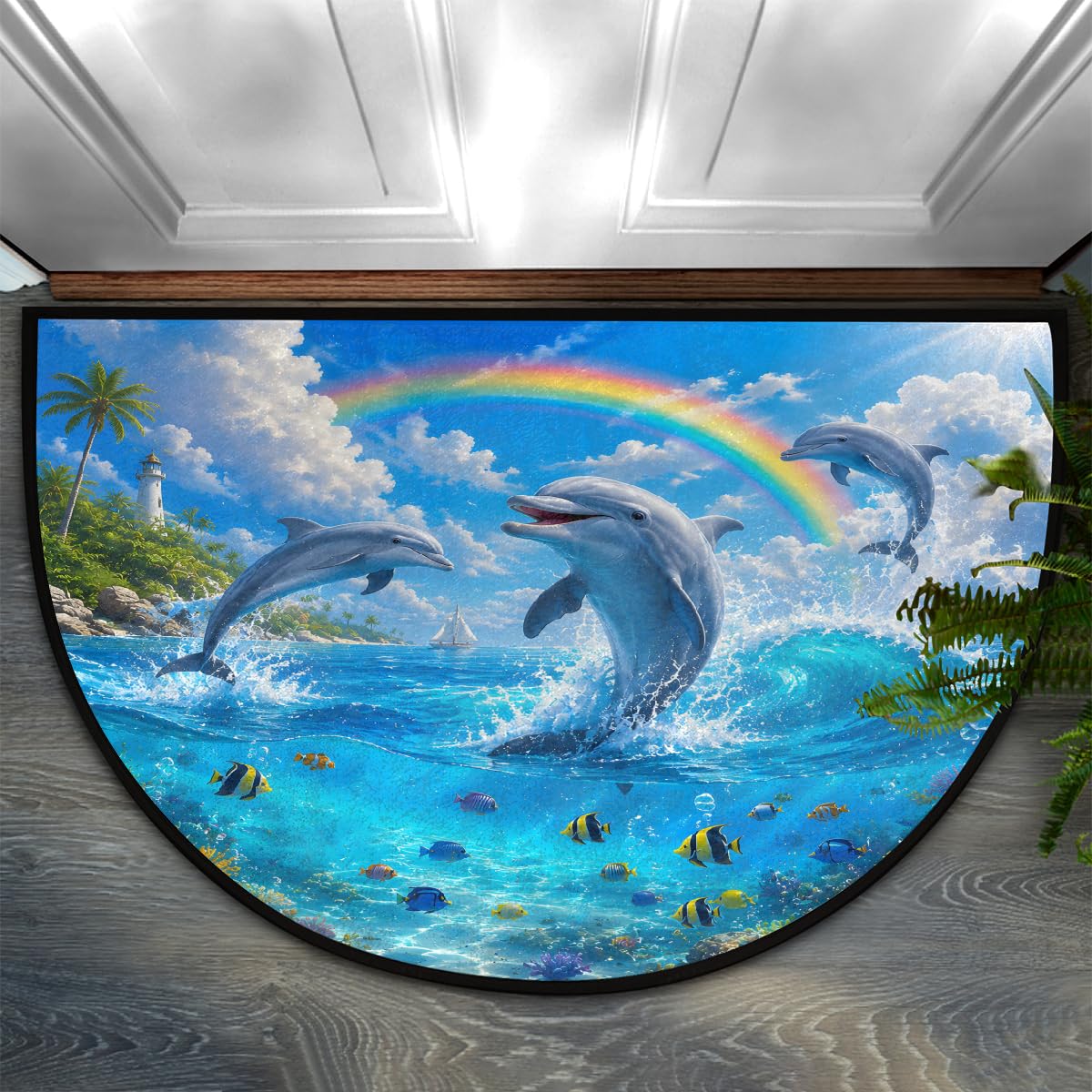 Dolphin Ocean Rainbow Half Round Mat Half Moon Door Rug Washable Durable Semi Circle Carpet Floor mats for Indoor Outdoor Bathroom Kitchen Patio Hearth Rug Laundry Room Home Decoration (D 031)