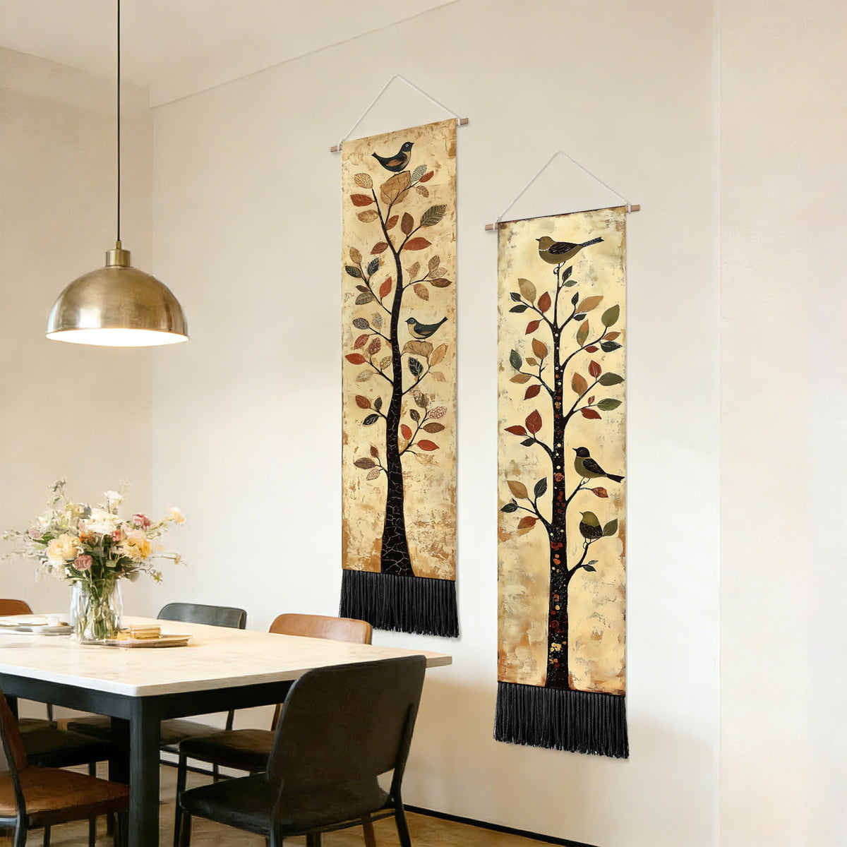 2 Pack Long Vertical Wall Tapestry (Vintage Bird Tree / 13"Wx51"H)