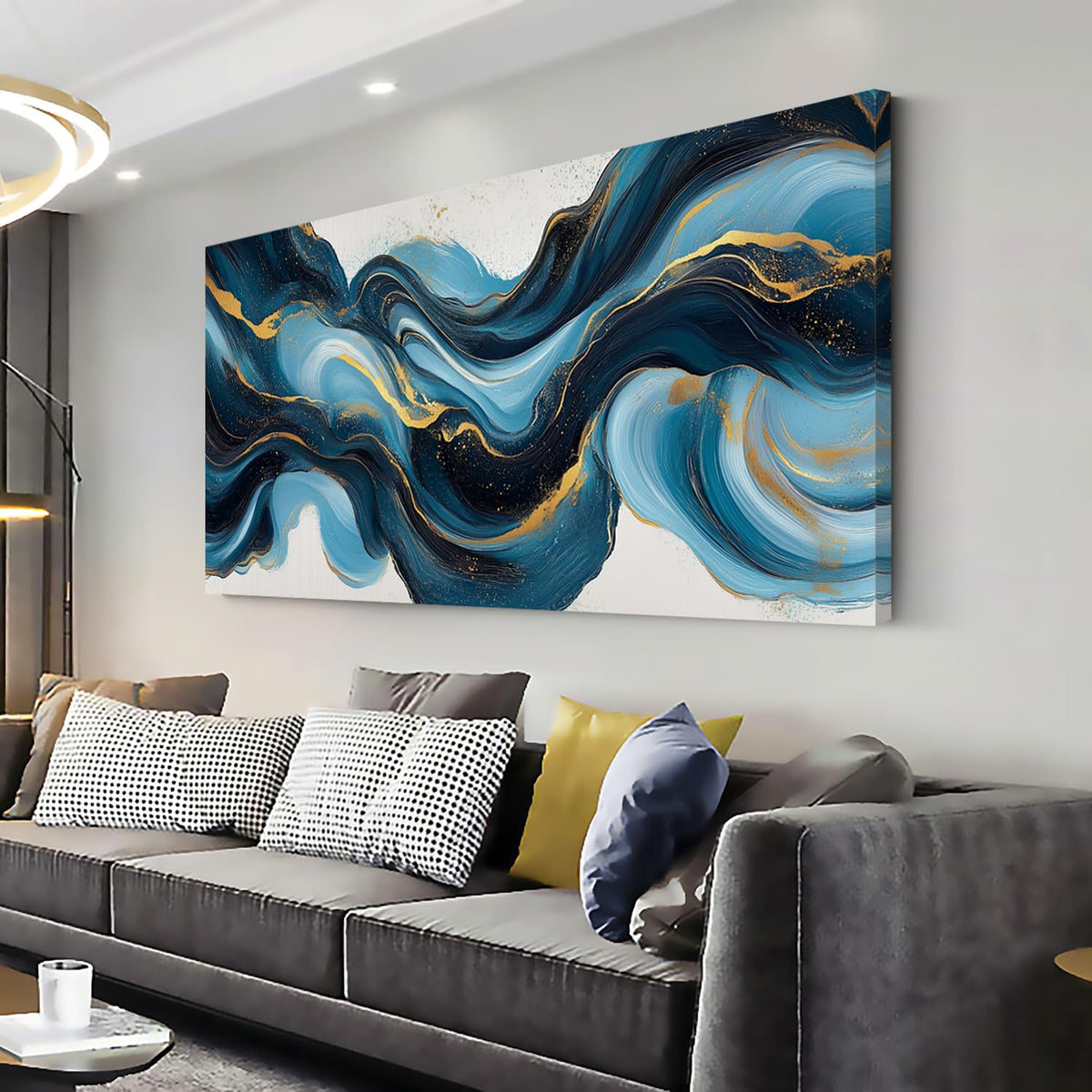 Abstract Blue and Gold Swirling Stripe Wall Art for Living Room Office Contemporary Art Deco White Background Painting Prints Modern Canvas Artwork Over the Couch Bedroom Decor Large (46L" x 23W" / Blue and Gold Swirling Stripe Wall Art (K870))