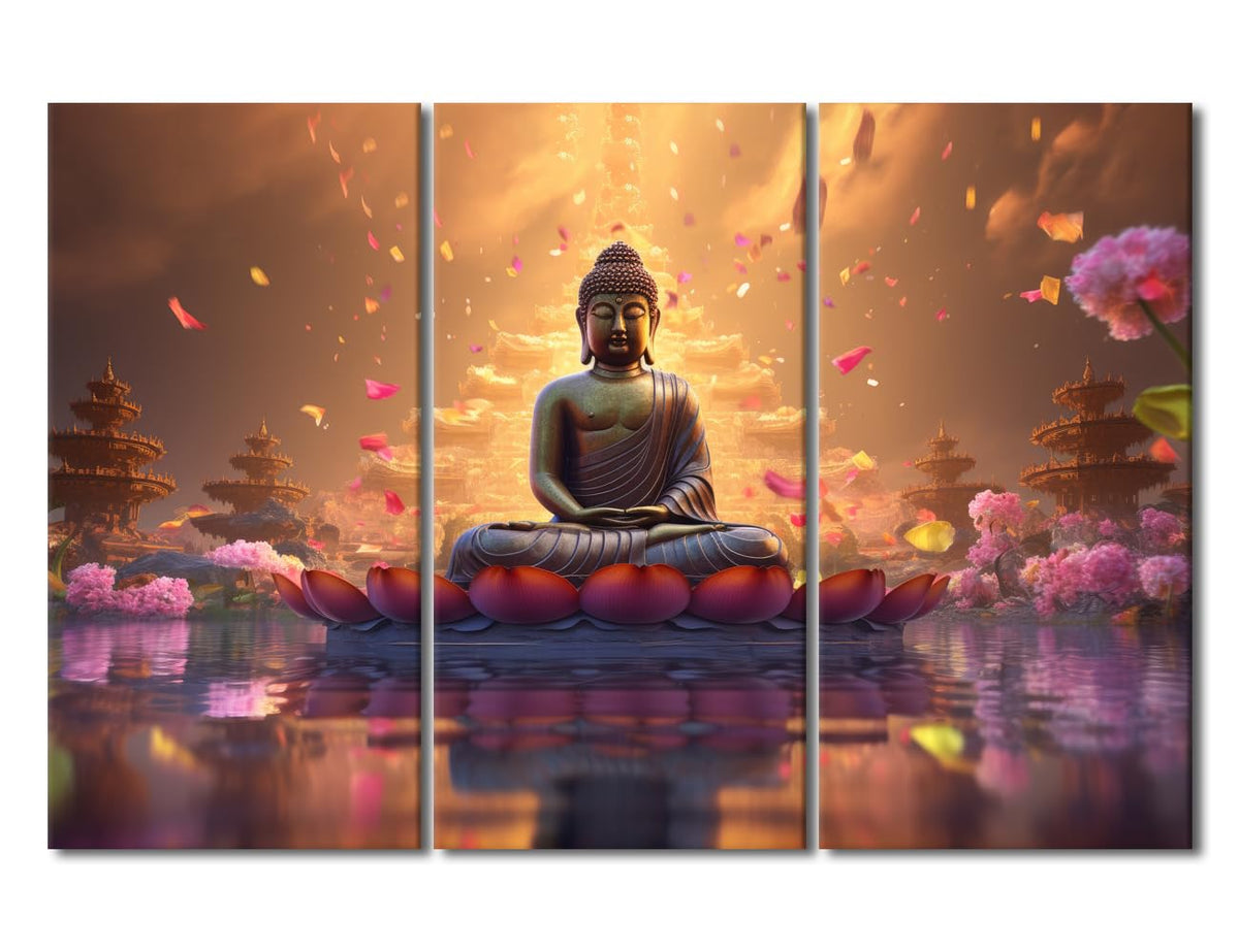 Living Room Canvas Wall Art Modern 3 Panel Canvas Decor Buddha Statue Lotuses in the Water Picture Printing Buddhist Believers Bedroom Wall Decor Stretched and Framed Ready to Hang 42x28 in (42x28 in / 3PANEL-08)