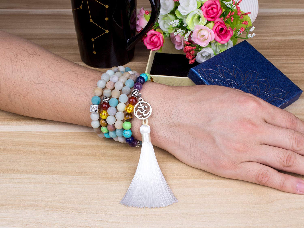 Necklace 108 Mala Beads Bracelet Buddhist Prayer Pendant Necklace (Tassel-Amazonite)