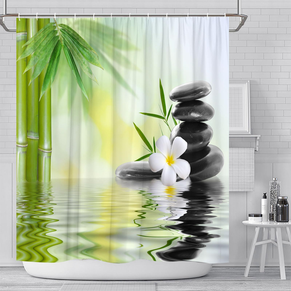 Zen Garden Shower Curtain Spa Green Bamboo Black Stone White Flower Bathroom Decor Supplies Shower Curtains Sets Machine Washable Polyester Fabric 70 x 74.8 Inch with Hooks (Black Green White / 70"W x 74.8"L (Pack of 1))