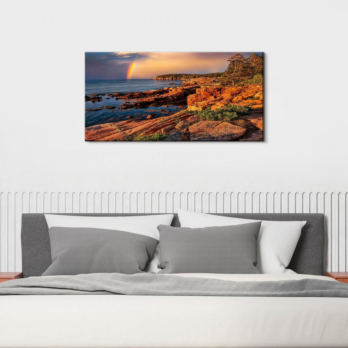 Coastal Rocky Beach Wall Art Sunset Rainbow Seaside Scene Wall Decor for Living Room Nature Painting Canvas Prints Seascape Ocean Wave Picture National Park Poster Bedroom Office Decorations 20x40" (40"L x 20"W / Field03)