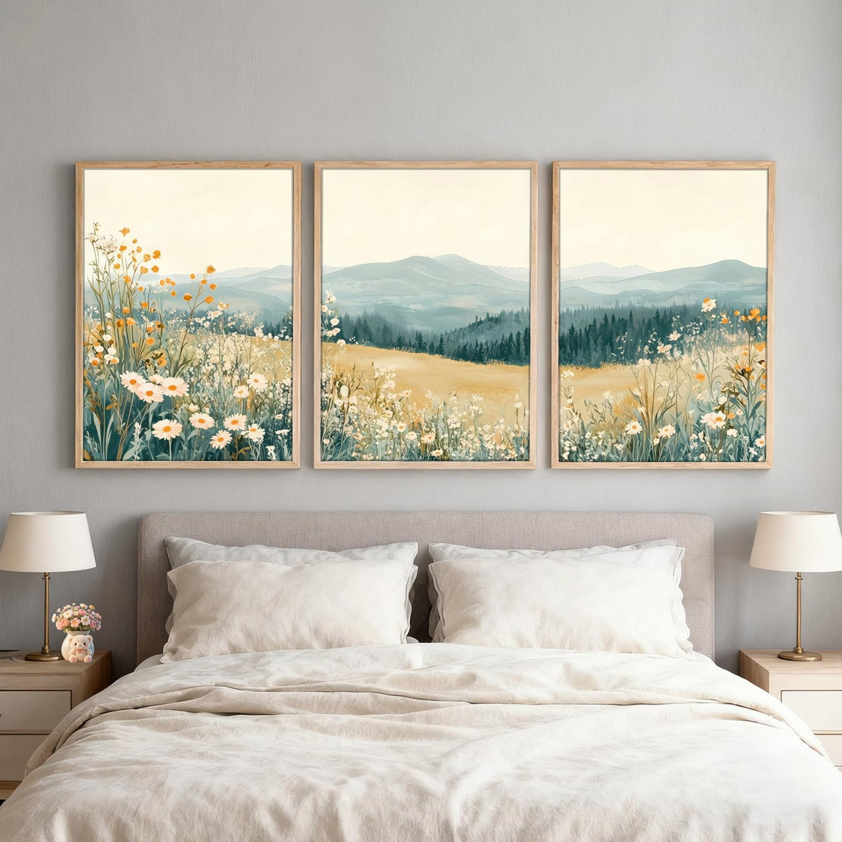 3Pcs Meadow Wildflower Landscape Canvas Wall Art Natural Mountain Prints (Mountain Landscape / 16x24 Inches)