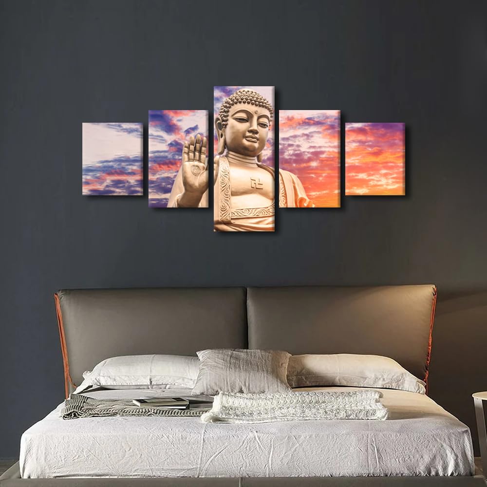 Home Canvas Wall Art Modern 5 Panel Living Room Decor Inspirational Buddha Zen Poster Print Sunset Buddha Statue Picture Print Art for Office Wall Decor Stretched and Framed Ready to Hang 50x24 in (50x24 in / 5PANEL-06)