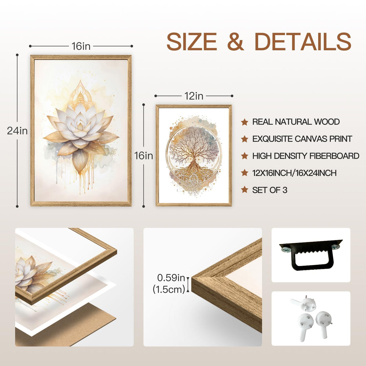 Wood Framed Tree of Life Spiritual Wall Art Set of 3 (White-Gold(Wood) / 24"L x 16"W)