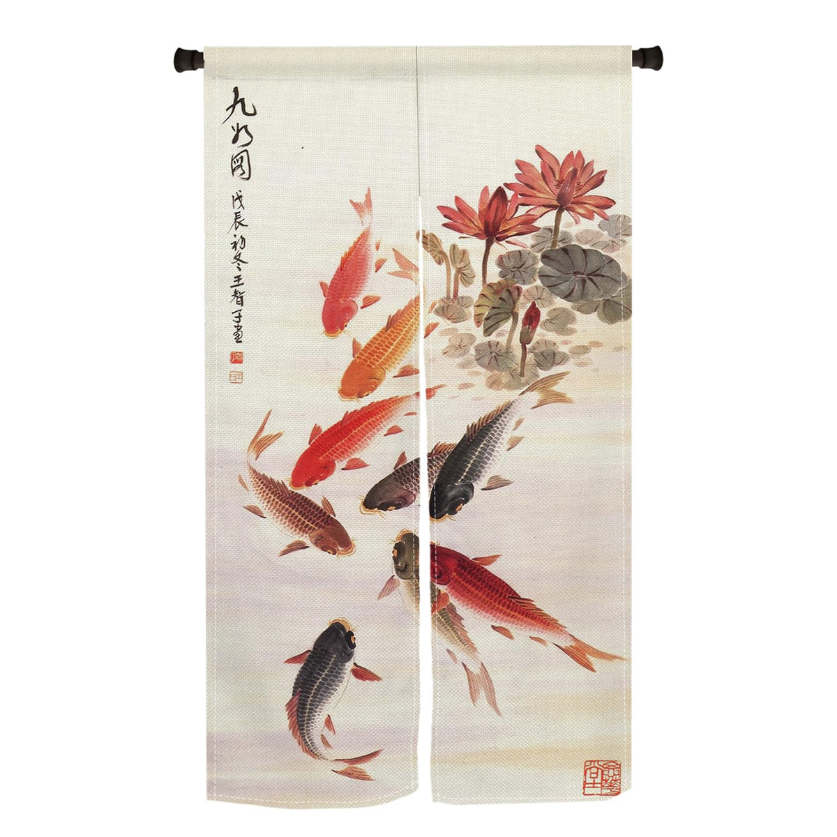 Chinese Ink Painting Carps Koi Fishes Doorway Curtain Japanese Noren Long Door Curtains Bring You Good Luck Tapestry for Bedroom Divider Kitchen Partition Bathroom Door Decor (Beige)