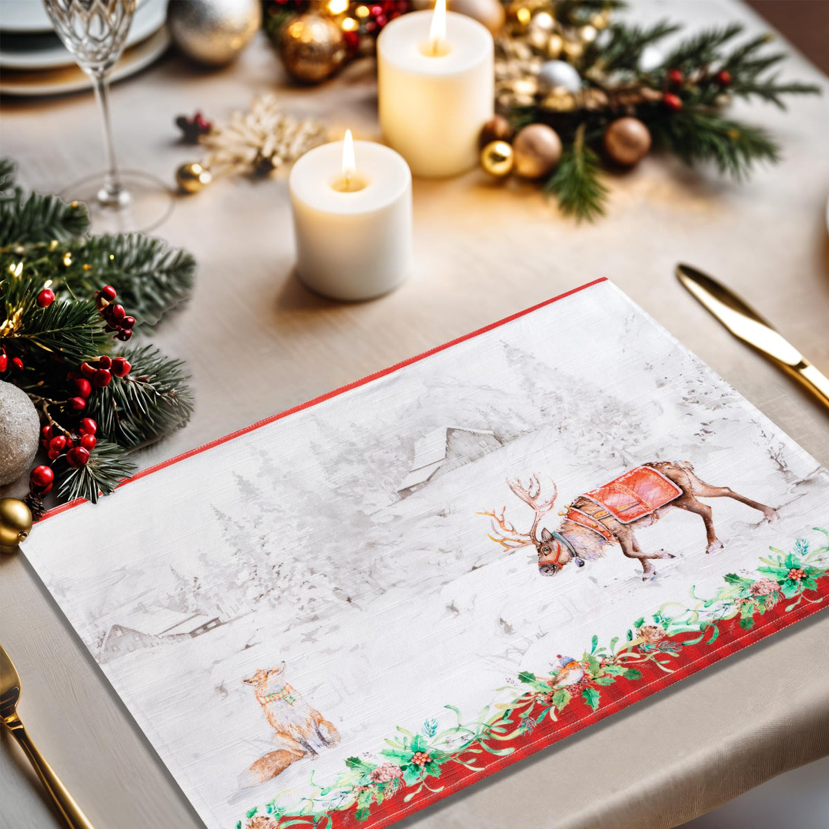 Placemats Set of 4 Reusable 100% Cotton (039 - Christmas Tradition / 13" X 19" (Pack of 4))