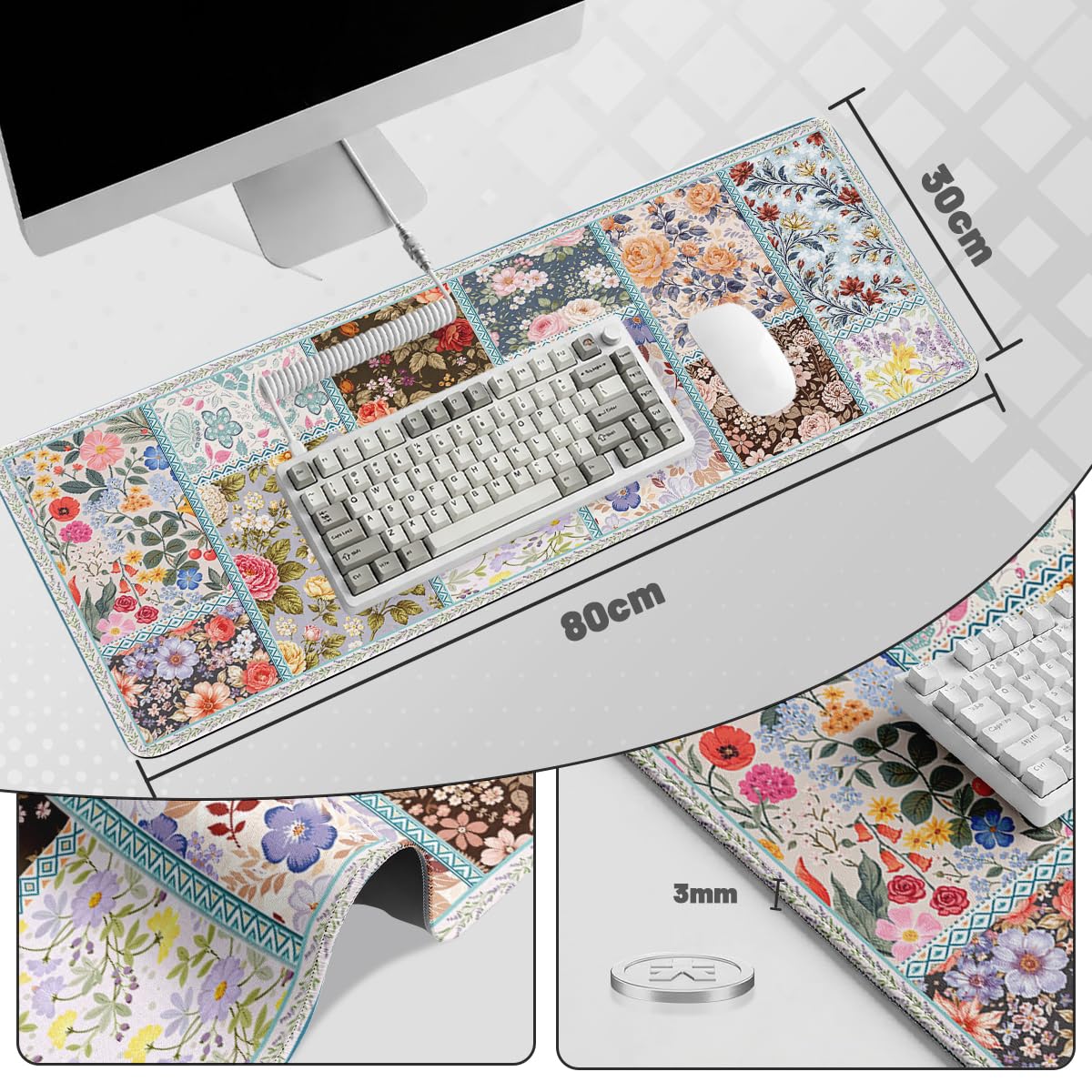Cottagecore Floral Large Gaming Mouse Pad Patchwork Vintage Flowers Desk Mat (Cottagecore Floral / 31.5L x 11.5W inches)