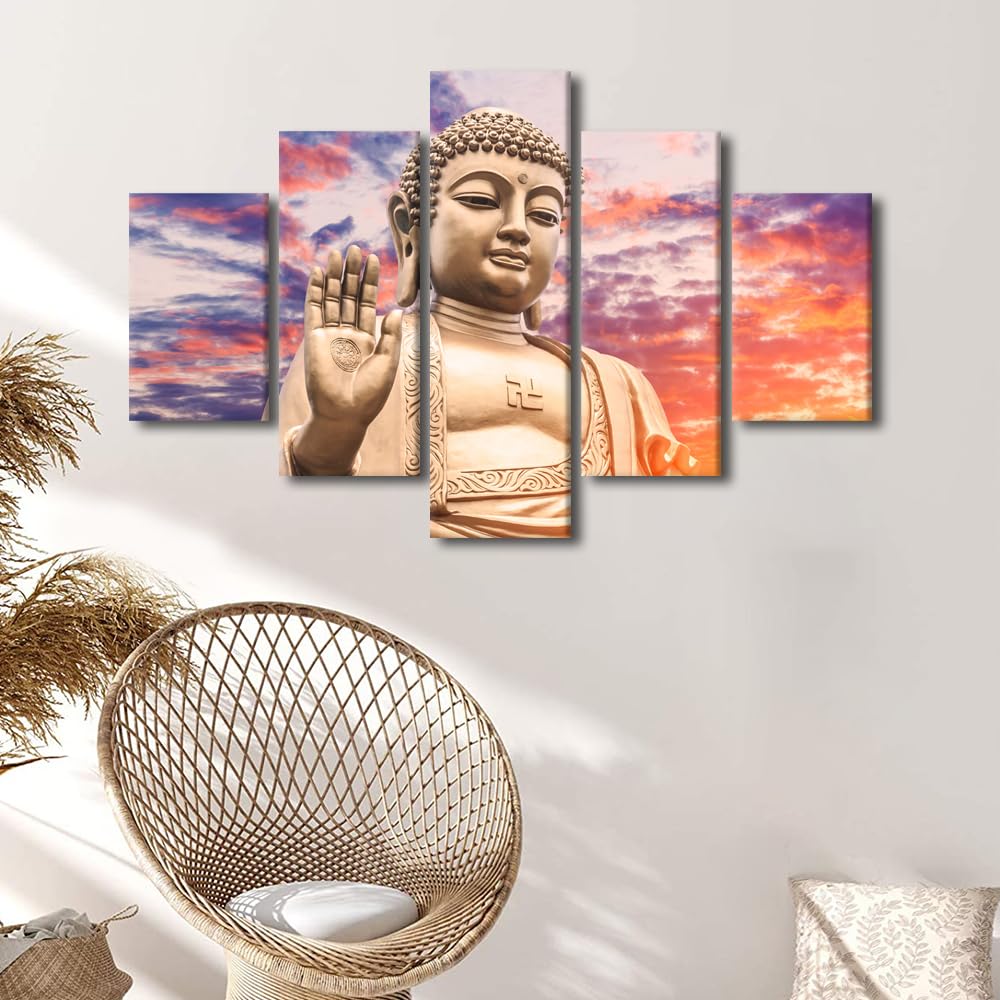5 Panel Canvas Wall Art Buddha Zen Wall Art Decor Sunset Buddha Statue Poster Prints on Canvas Buddhist Believers Home Wall Decor for Room Decoration Stretched and Framed Ready to Hang 60x40 in (60x40 in / 5PANEL-06)