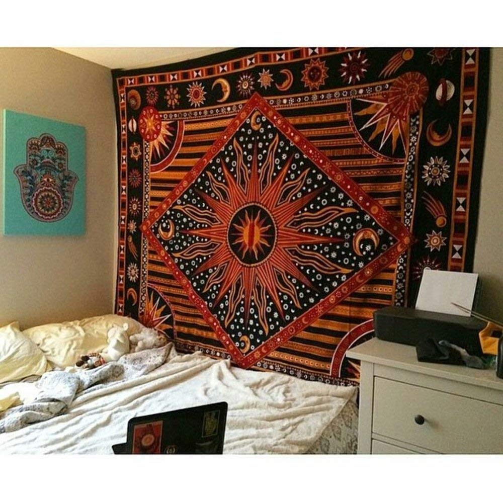 Wall Hanging Tapestry For Bedroom Hippie Burning Sun and Moon Meditation Bohemian Hippy Psychedelic Design Indian Tapestries Bedspread 30 x 40 Inches (40"L x 30"W / Golden)