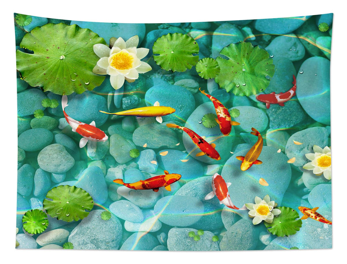 Fish Tapestry Japanese Carp in Lotus Pond Tapestry Wall Hanging Flower and Green Leaf Botanical Wall Art for Bedroom Living Room Dorm Party Decor (40"L x 60"W / Green Red)