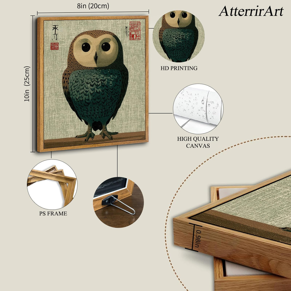 Framed Vintage Owl Wall Art Japanese Bird Wall Decor (owl / 8"L x 10"W)