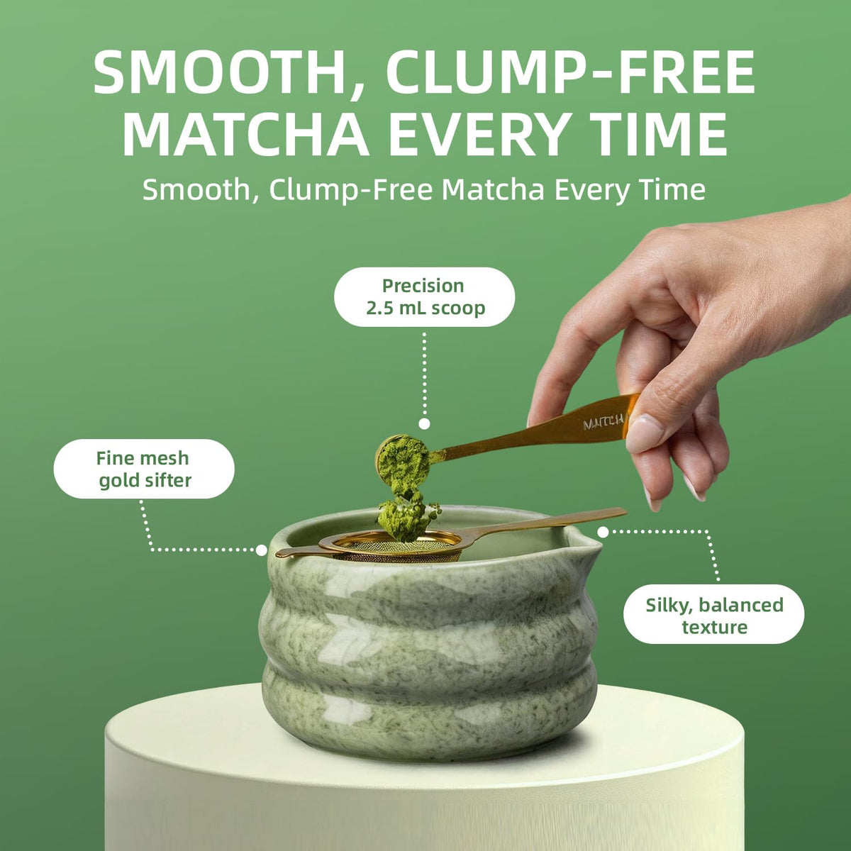 Matcha Whisk Set With Ceramic Matcha Bowl (Mottled Green)