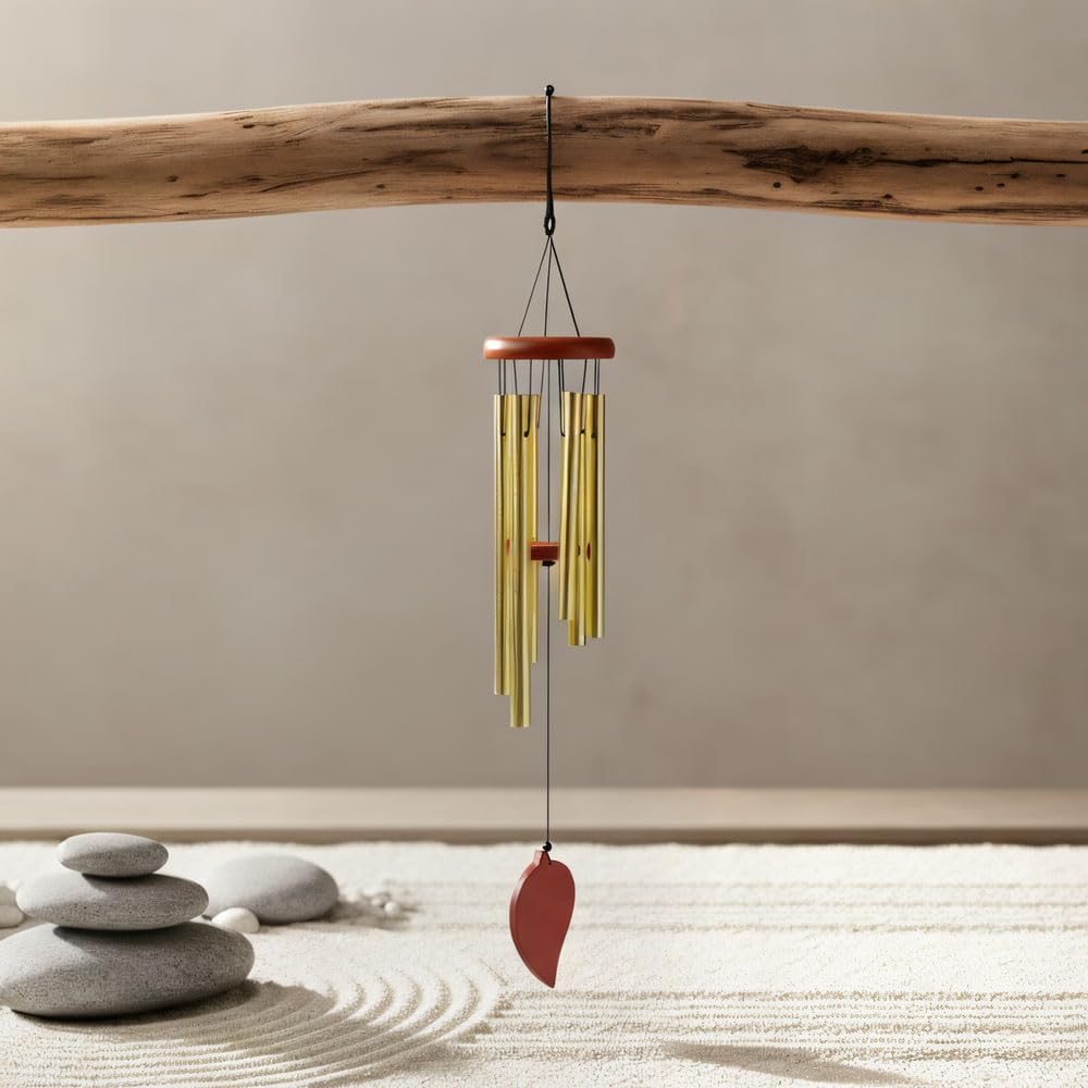 32” Large Golden Aluminum Wind Chimes with Brown Wooden Cap for Outside (Golden Aluminum Wind Chimes With Brown Wooden Cap)