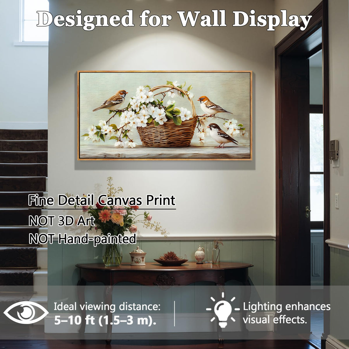 Vintage Still Life Large Framed Wall Art Spring Flower Birds Decor (Sparrows Flowers / 48"L x 24"W)