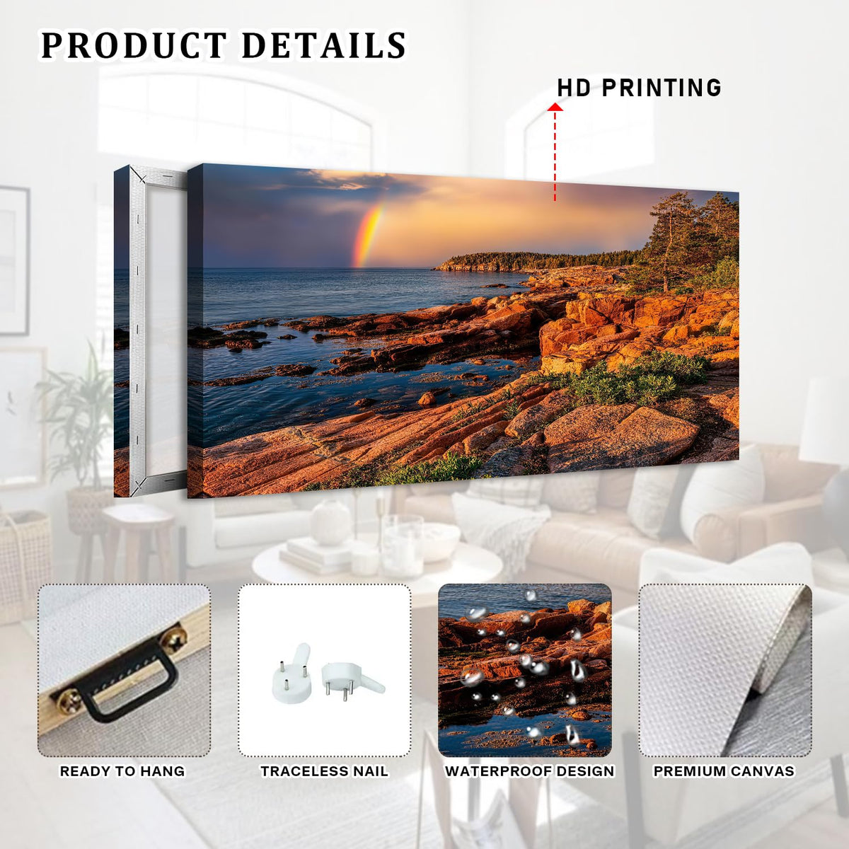 Ocean Beach Wall Art Coastline Picture Living Room Wall Decor Nature Sunset Seascape Canvas Prints Poster Large Acadia National Park Coastline Painting Artwork for Bedroom Home Decoration 30x60” (60"L x 30"W / Field03)