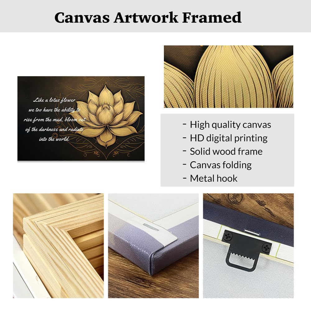 Zen Canvas Wall Art Lotus Motivational Quotes Pictures Gold Lotus Flower Wall Decor Spa Artwork Prints for Bathroom Office Spiritual Yoga Framed (Gold / 16" x 24")
