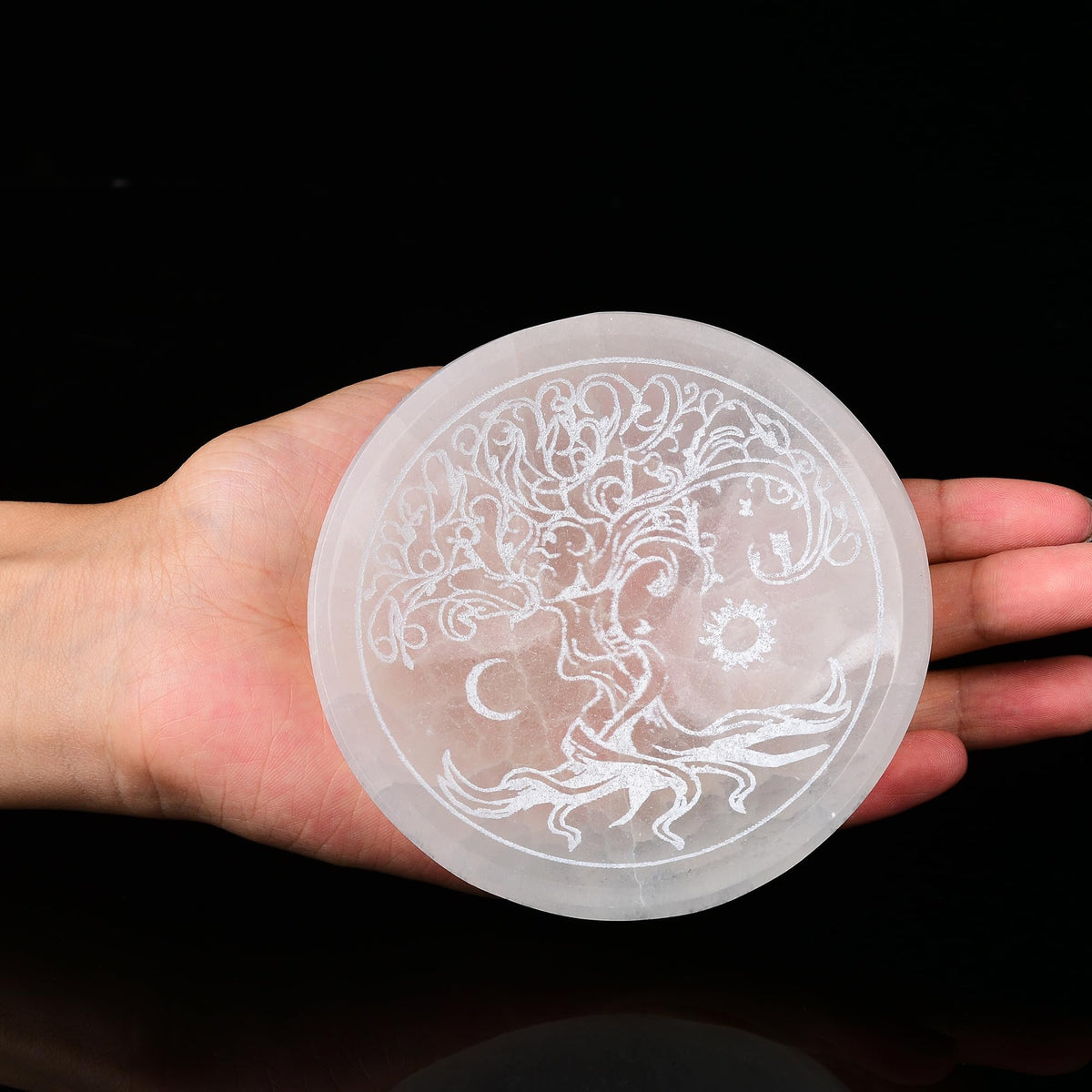 Natural Selenite Charging Bowl with Tree of Life Engraving 5.5 Inch Energy Cleansing Crystal Plate for Healing Meditation and Spiritual Home Decor (Round Tree of Life 5.5 inches)