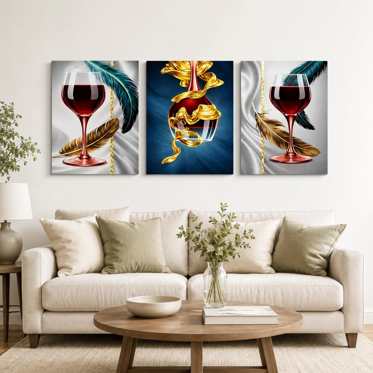 3 Piece Wall Art 16x20 Framed Canvas Wall Decor Modern Wine Glass and Gold Leaf Abstract Pictures for Living Room Bedroom Office Hallway Easy No Drill Hanging with Strips and Hooks (Simple canvas painting57)