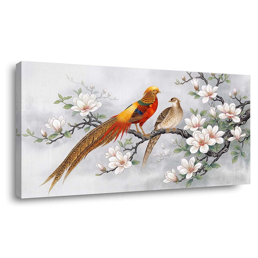 Oriental Golden Pheasant Canvas Wall Art White Magnolia Chinoiserie Painting Flat Print Gallery Wrapped Asian Bird Artwork for Living Room Bedroom Bathroom Decor (Wildlife / White Golden Pheasant Couple 26 / 58"L x 28"W)