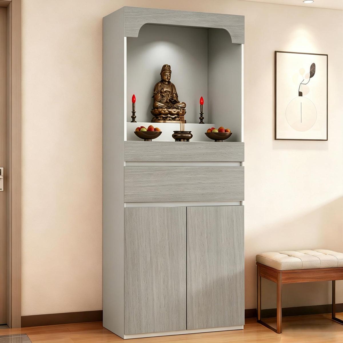 Altar Table Pooja Cabinet with Drawers and Storage Cabinets (23.6×15.7×65.4in / Light Gray+light Gray Wood Tone)