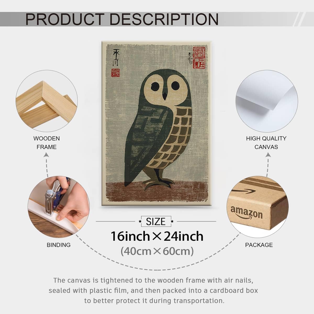 Vintage Japanese Wall Art Ready to hang 16x24in Wrapped Framed Owl Poster Mid Century Animal Print Minimalist Bird Painting Nature Rustic Artwork for Lndie Room Bedroom Living Room Gallery Decor (Wrapped Canvas / Japanese Poster / 24"L x 16"W)