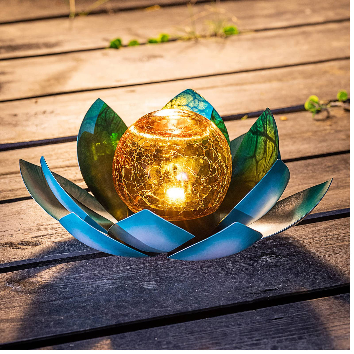 Solar Light Outdoor Garden Decor Blue Metal Crackle Globe Glass Waterproof LED Lotus Flower Table Lamp Decorations for Patio Yard Porch Pathway Ground (Blue)