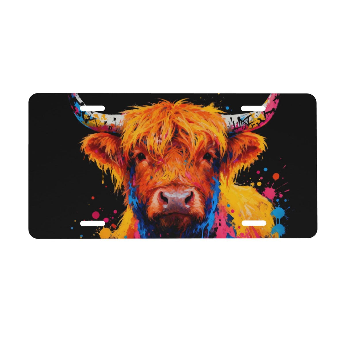 Colorful Splash Cute Highland Cow Front License Plate Aluminum Decorative License Plates Metal Car Plate 6"X12" Novelty Vanity Tag Cover with 4 Holes Car Decor Accessory (Brass / 6 X 12 Inch)
