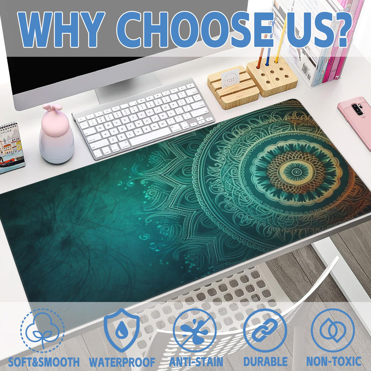 Large Gaming Mouse Pad for Desk (15.7" x 35.4" / Retro Mandala Flower)
