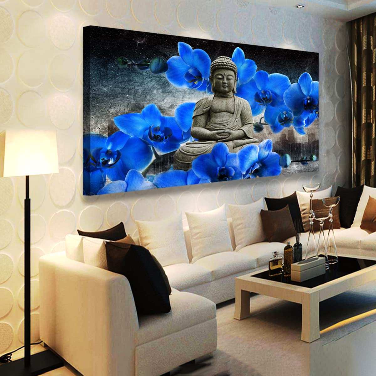 Buddha Pictures Wall Art Canvas Prints Home Decor Grey Zen Blue Flower Painting for Living Room Bedroom Bathroom Office Home Kitchen Decoration Asia Hindu Artwork 24x48 Wooden Frames Easy Hanging (48"L x 24"W / Grey Zen with Blue Flower)