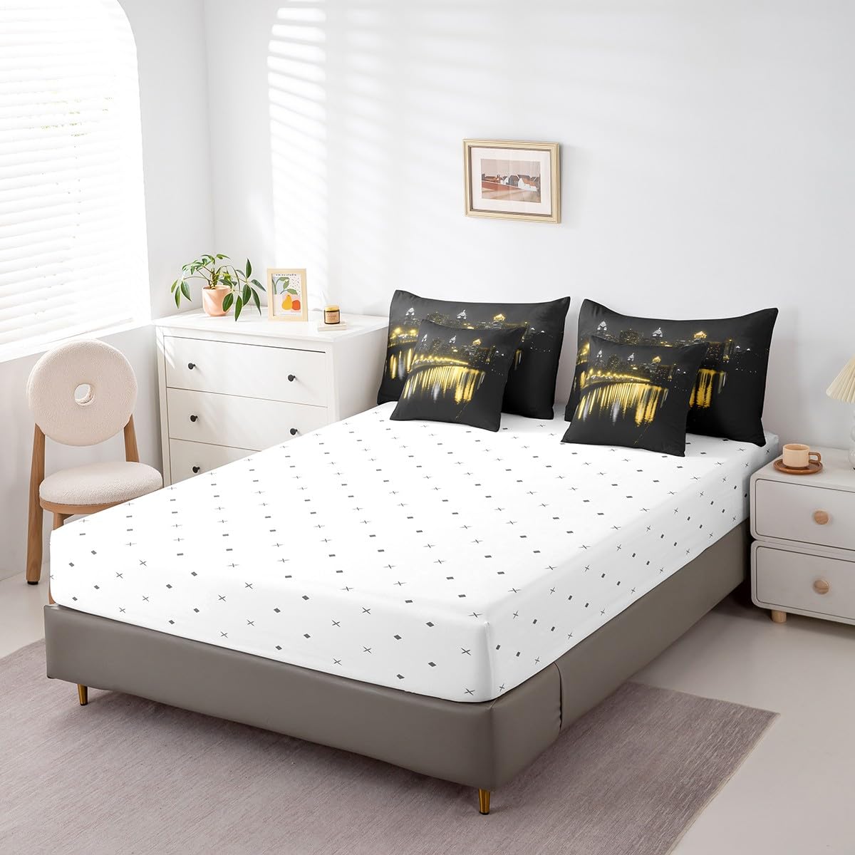 Golden Gate Bridge Comforter Set with Sheets King Size Kids Nightscape 7 Piece Bedding Set All Season Teens City Scenery Bed in A Bag Breathable Soft Lightweight Black Yellow Room Decor (Carbon Black Yellow / King)