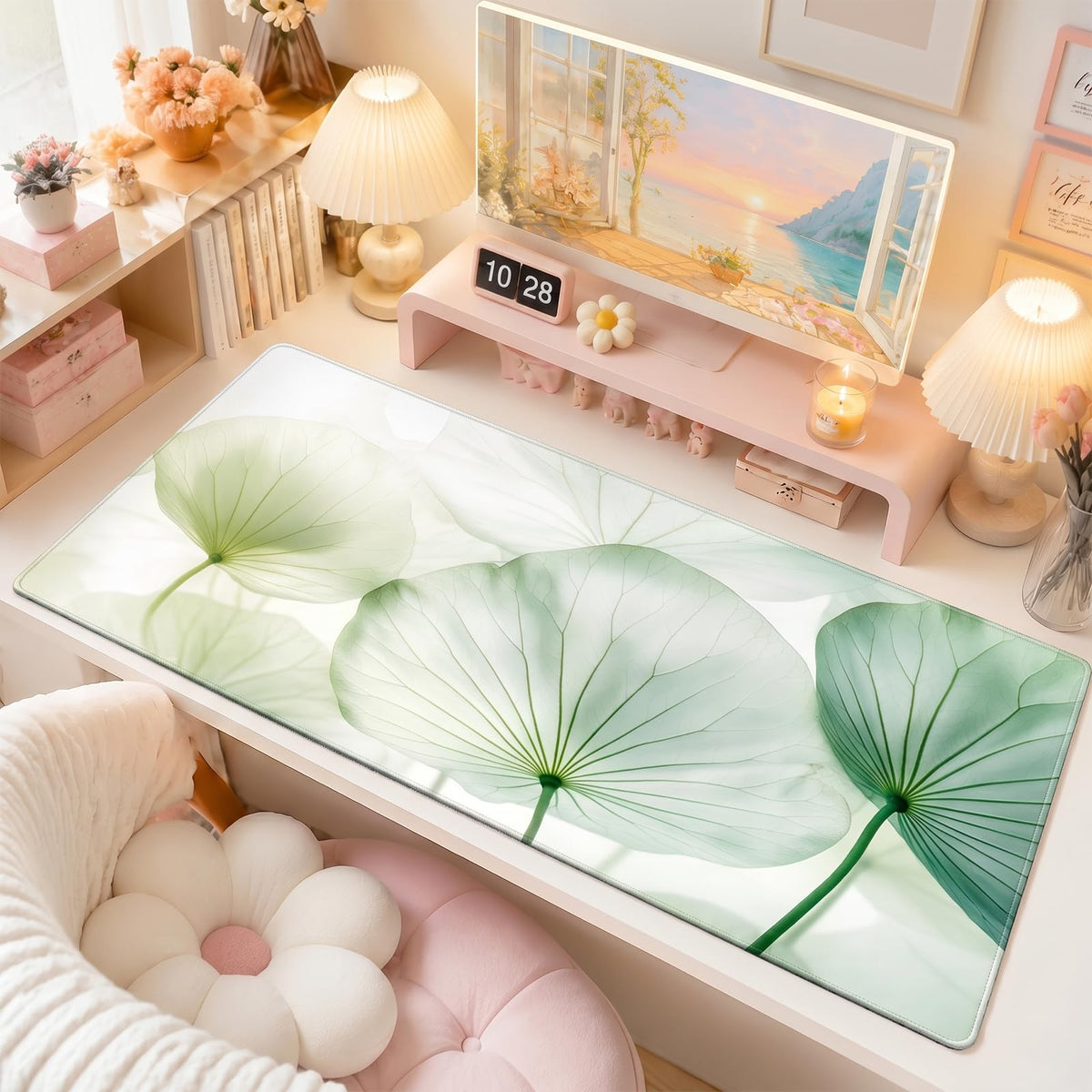 Green Leaf Desk Mat (Lotus Leaves / 35.4" x 15.7")