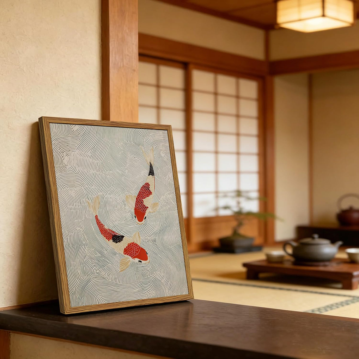 Framed Japanese Wall Art (Red and cream koi / 10"L x 8"W)