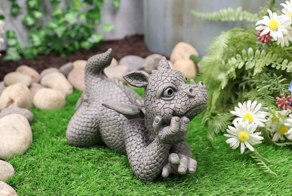 Ebros Wishful Thinking Baby Dragon On The Ground Statue 12" Long Fairy Garden Faux Stone Resin Finish Figurine (Wishful Thinking on the Ground)