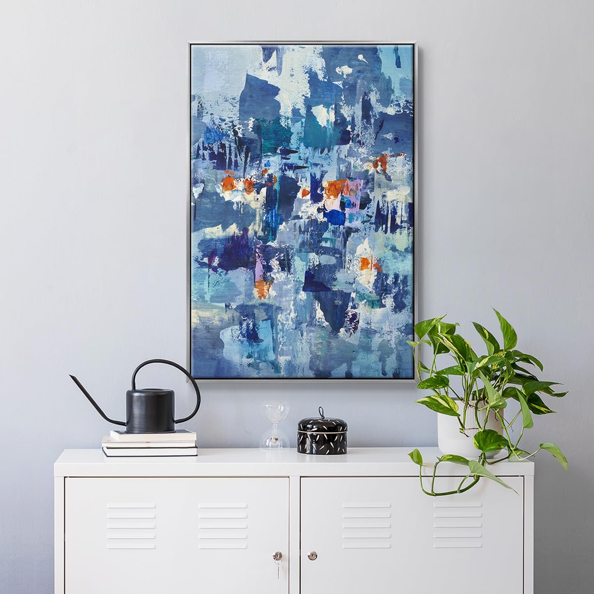 Canvas Art Silver Floater Framed Prints Rustic Teal Blue Brushstrokes Splash Abstract Wall Decorations for Kitchen Hotel Restaurants Walls (37"L x 25"W / Reticent III)