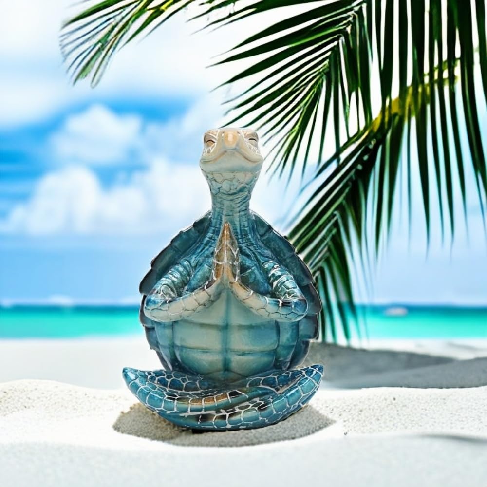 Sea Turtle Meditation Zen Yoga Coastal Beach Resin Statue for Decor (Put the Palm Together)