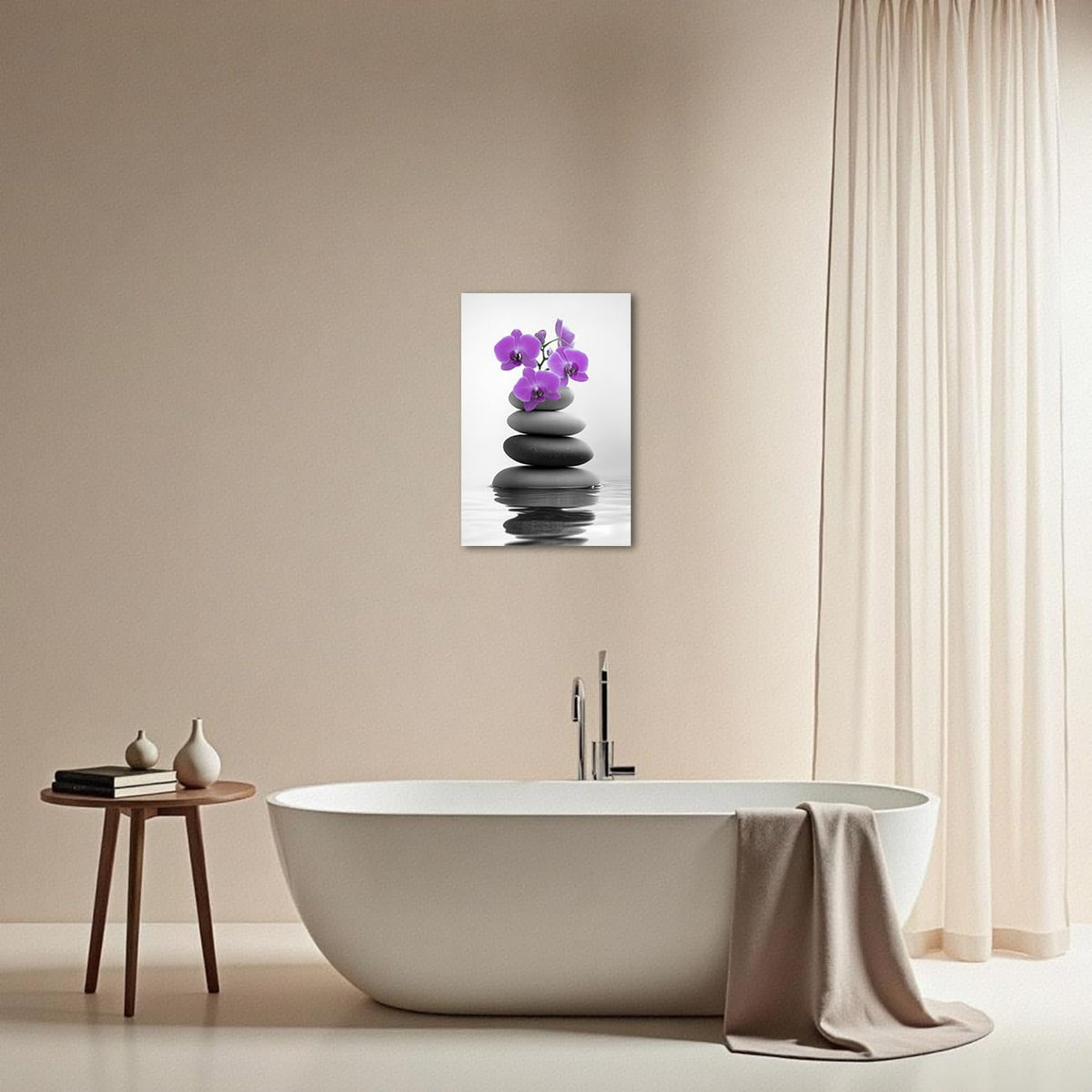 Zen Canvas Wall Art Spa Bathroom Poster Orchid Flowers and Zen Stones on Water Pictures Print Meditation Spiritual Artwork Yoga Zen Room Decor Framed (Purple / 18L" x 12W")