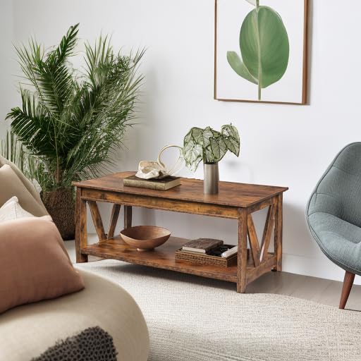 Coffee Table 43.3 Inch Farmhouse Table with Storage (Rustic Brown)