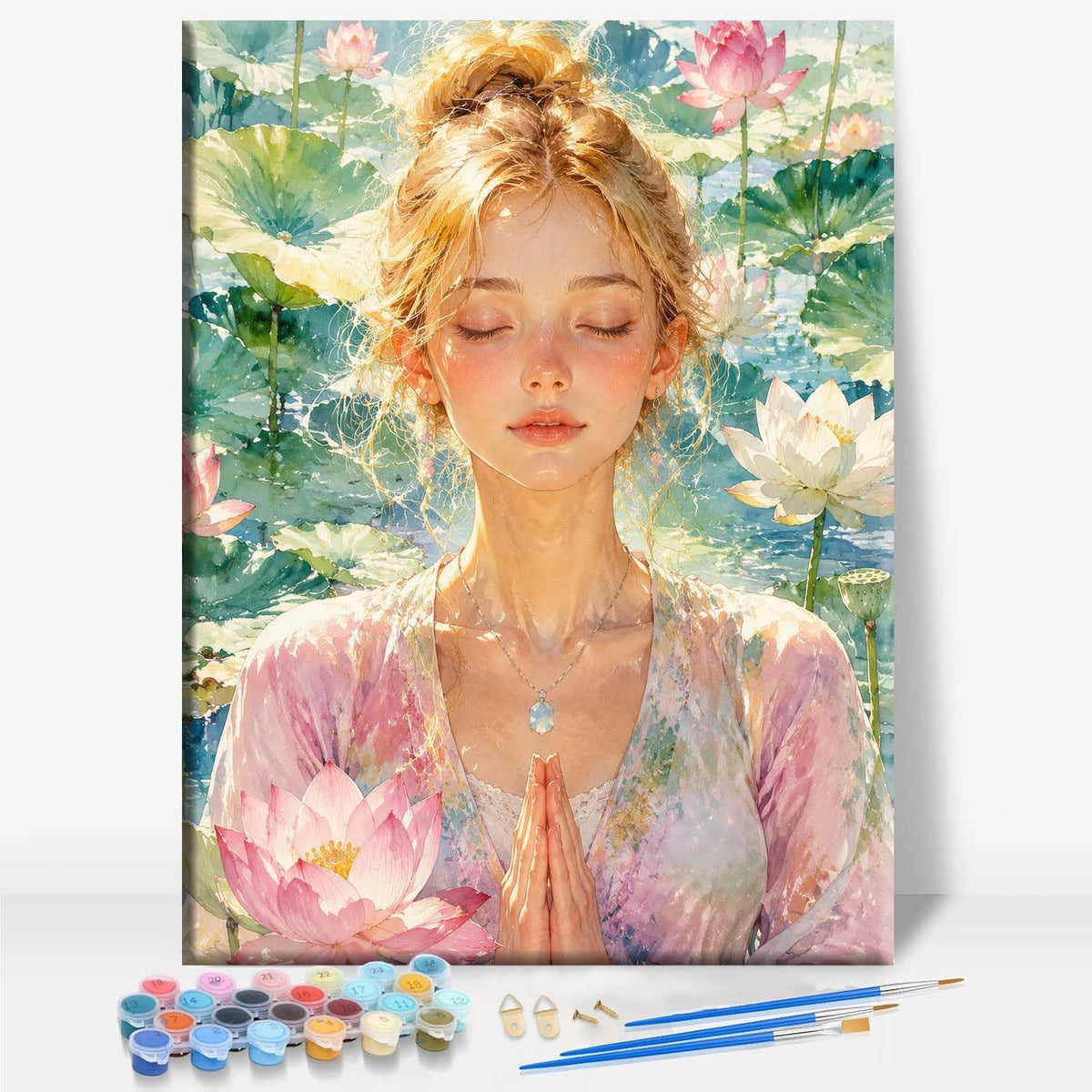 Lotus Flower Pond Meditation Buddhism Framed Canvas DIY Paint by Numbers Kit Bar Cafe Cave Home Room Wall Bathroom Porch Patio Decor Gift (LOTUS FLOWER POND MEDITATION - 16 x 12 Inch)