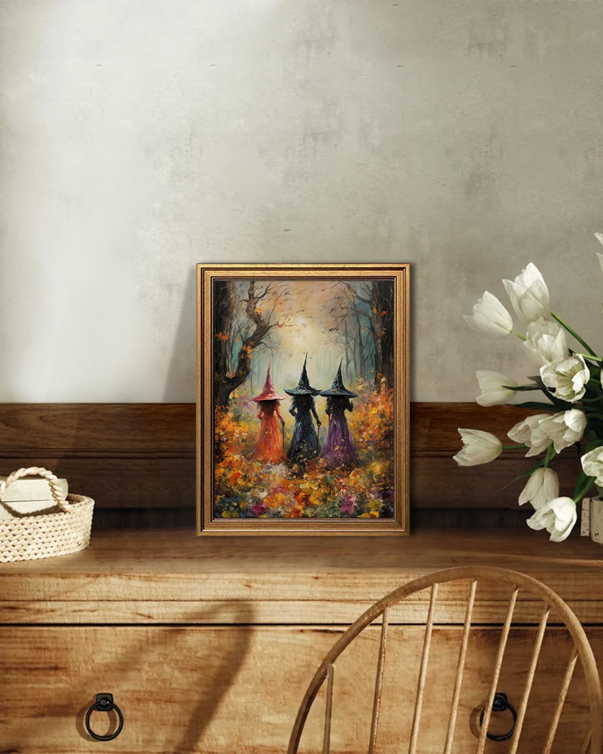 Halloween Three Witches Canvas Wall Art Gold Framed Fall Wall Decor (Halloween Painting / 10"L x 8"W)