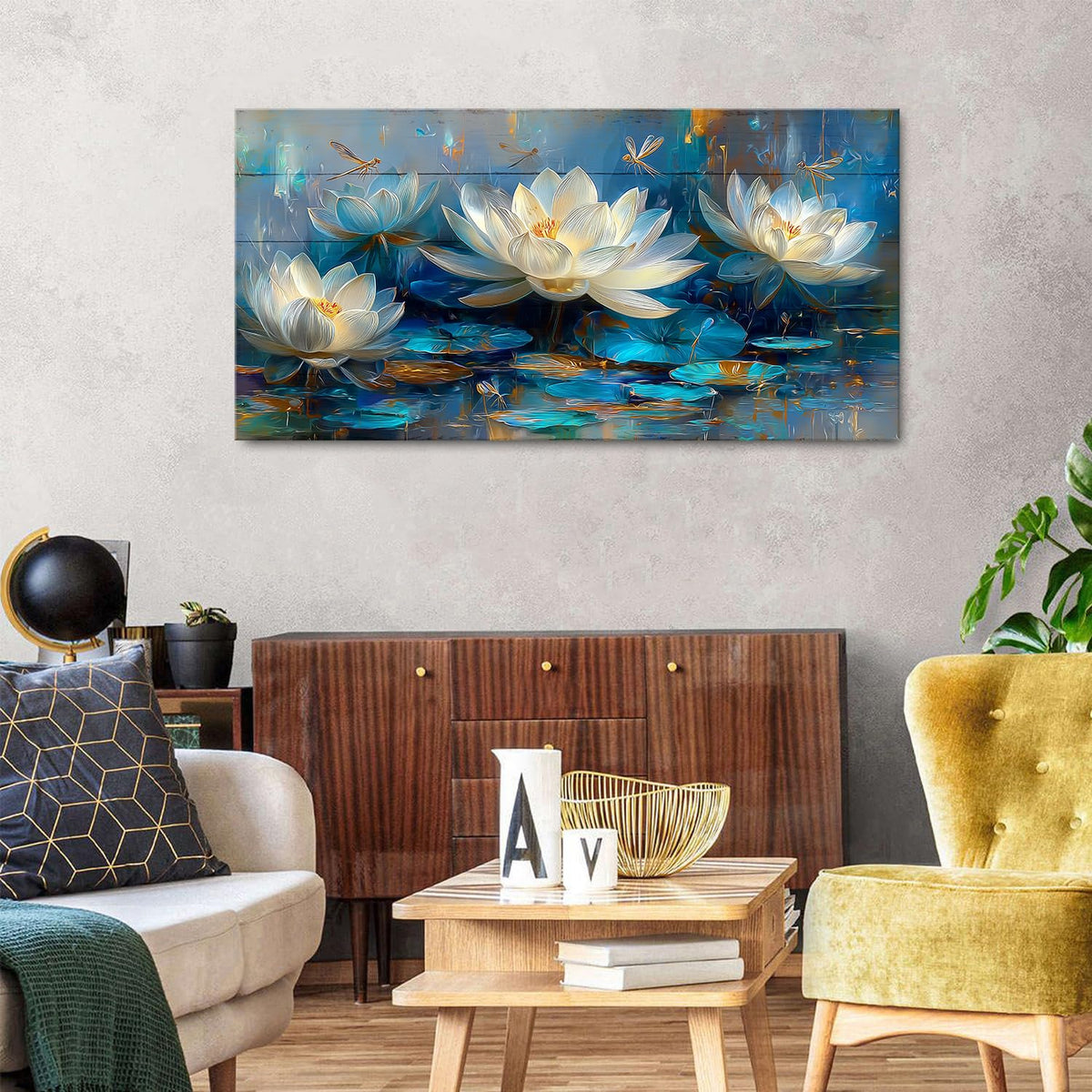 Blue White Lotus Flower Wall Art Zen Wall Decor Abstract Nature Picture for Yoga Living Room Watercolor Floral Painting Farmhouse Botanical Dragonfly Artwork Spa Meditation Room Decoration 24x48" (48"L x 24"W / Lotus Flower)