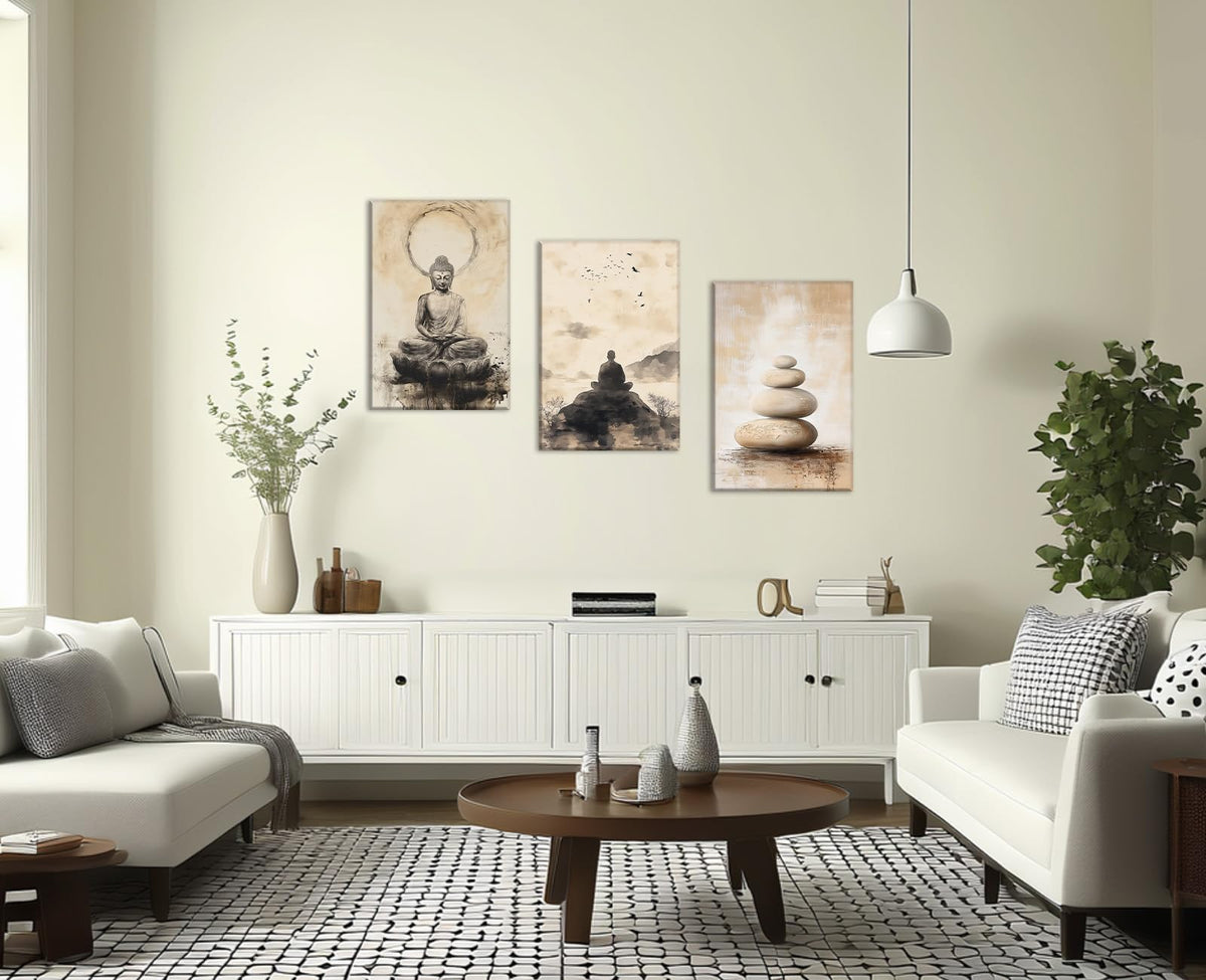 Zen Canvas Wall Art 3Pcs Buddha Picture Spa Stones Painting Vintage Prints Meditation Spiritual Artwork for Living Room Yoga Room Bathroom Home Decor Framed (Zen-7 / 16.00"x24.00"x3P)