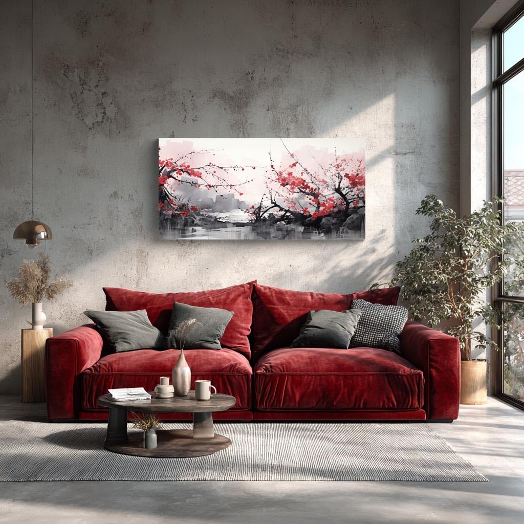 3PCS Asian Ink Style Cherry Blossom Canvas Wall Art Red Plum Flower Landscape Minimalist Zen Nature Scene Oriental Watercolor Artwork for Bedroom Living Room Office or Meditation Space Decor (Red-One Piece-2 / 24x12 inches (1 piece))