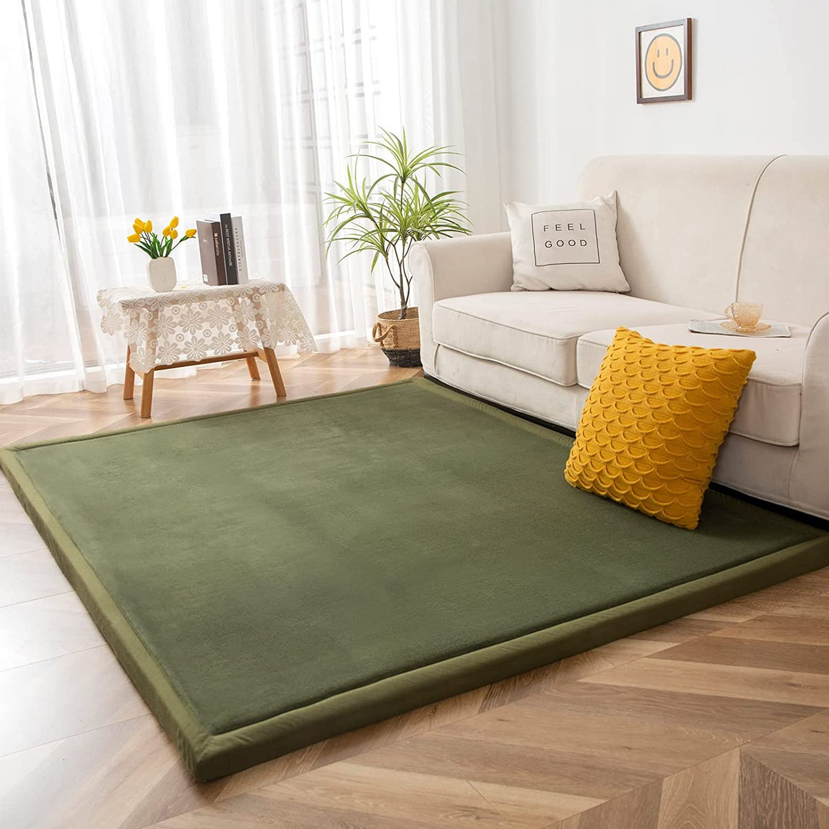 Play Mat 1.2" Thick Memory Foam Soft Padded Carpet with Non (Olive Green / 3x5 ft)