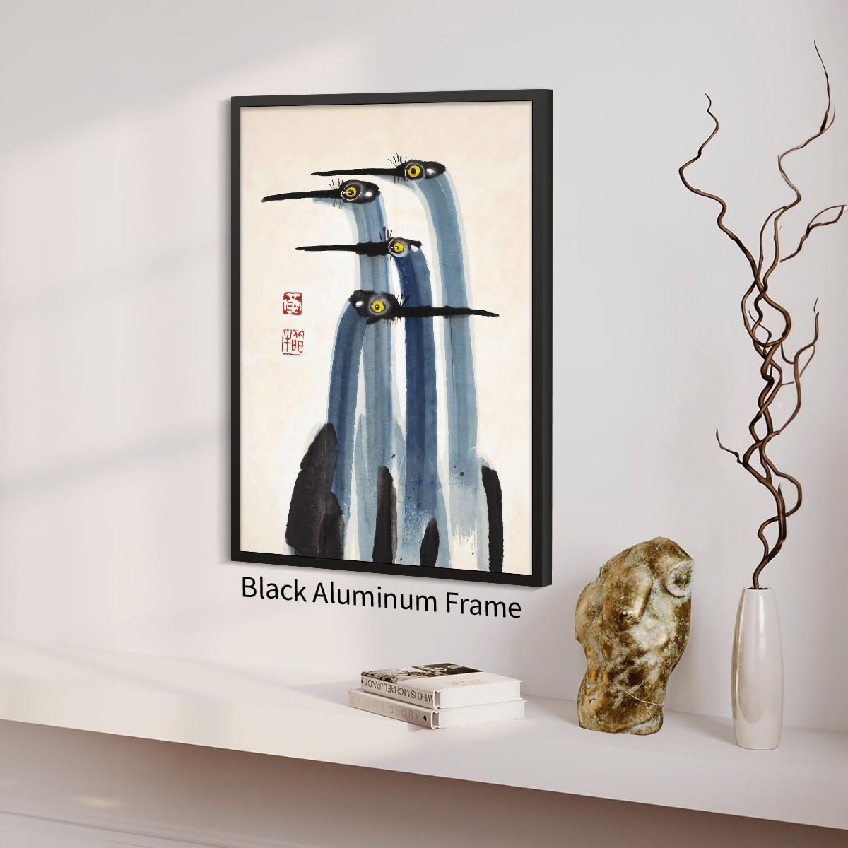 Vintage Japanese Crane Black Framed Poster Antique Asian Bird Canvas Wall Art 24x36 inch Blue Minimalist Animal Watercolor Prints for Country Farmhouse Wall Decor for Living Room Study Office Ready to hang (Black Framed / Japanese Decor / 36"L x 24"W)